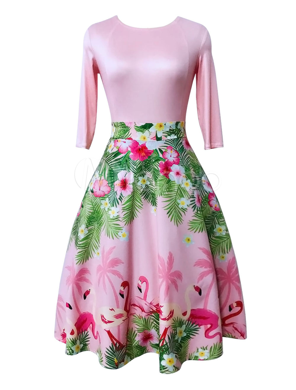 Pink Vintage Dress Women 1950s Floral Round Neck Half Sleeve Print A Line Swing Dresses (Women\\'s Clothing Vintage Dresses) photo