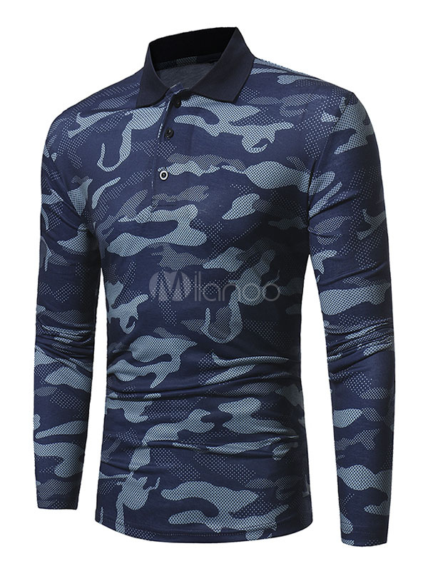 Blue Polo Shirt Camouflage Turndown Collar Men's Long Sleeve T Shirt (Men\\'s Clothing Polo Shirts) photo