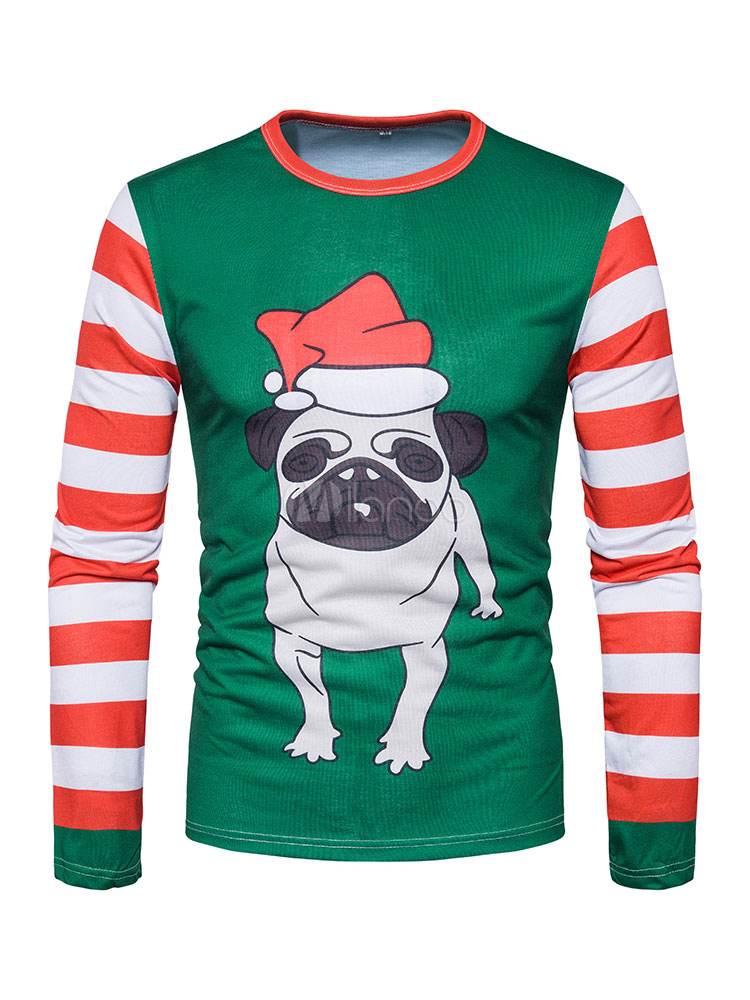 Green T Shirt Round Neck Long Sleeve Christmas Dog Printed Regular Fit Top For Men (Men\\'s Clothing T-Shirts) photo