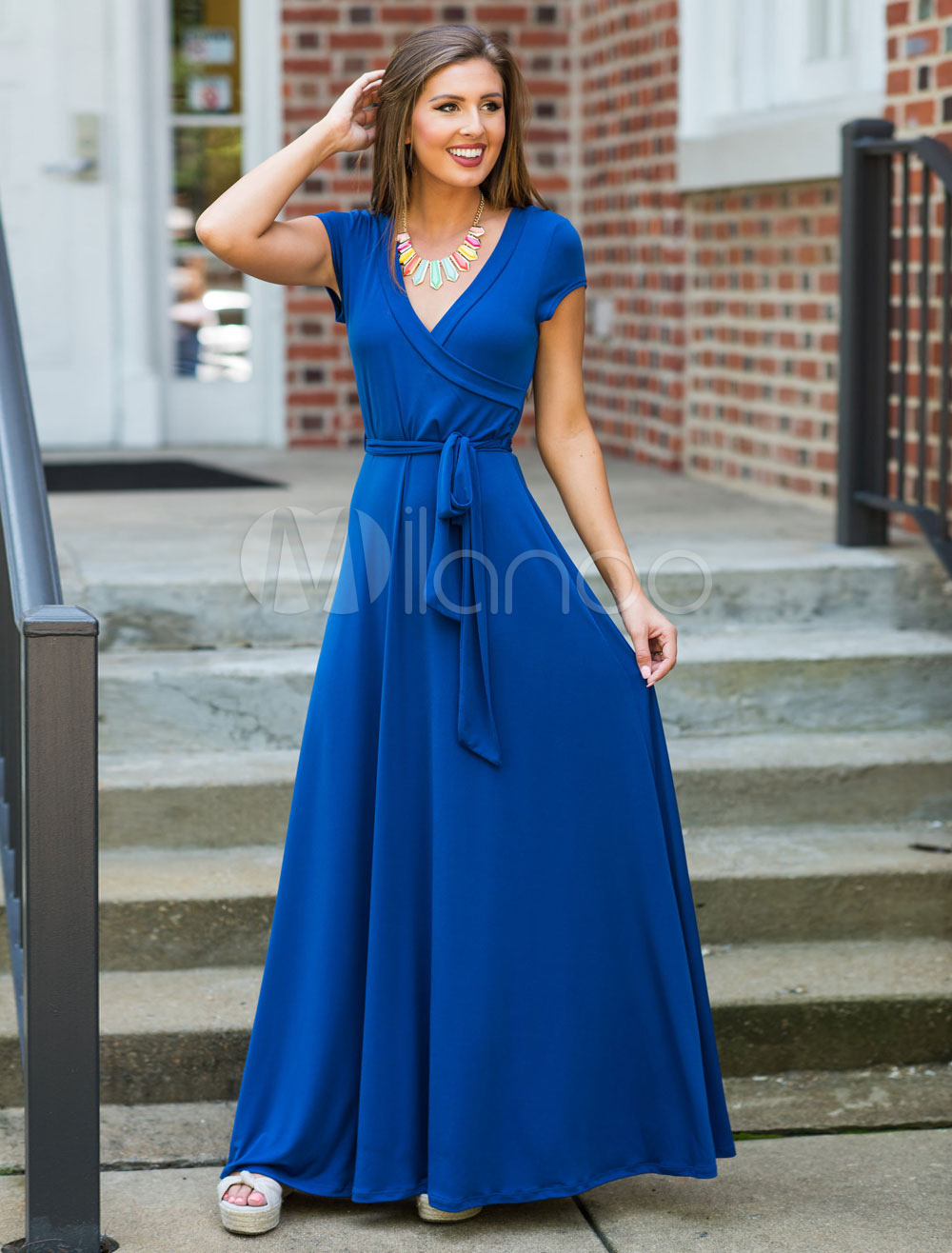 Silk Maxi Dress V Neck Short Sleeve Waist Tie Shaping Pleated Royal Blue Long Dress (Women\\'s Clothing Maxi Dresses) photo