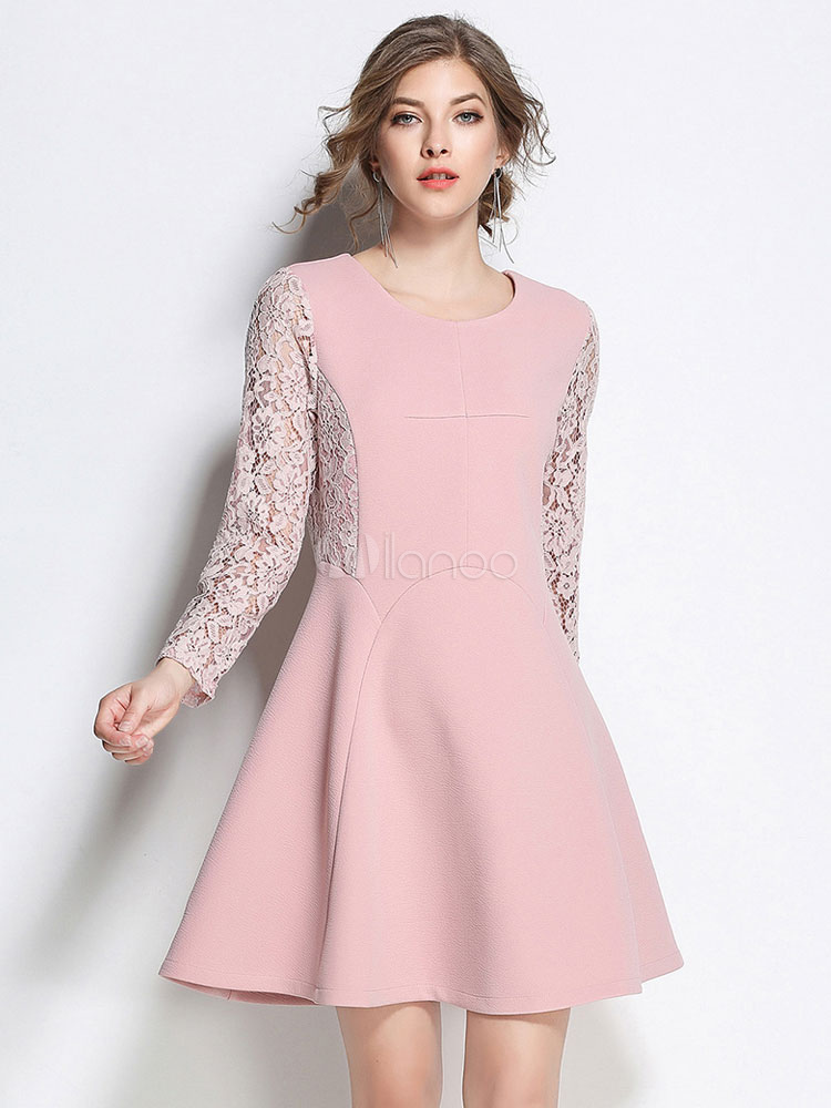 Pink Skater Dress Round Neck Long Sleeve Lace Patchwork Slim Fit Flare Dress (Women\\'s Clothing Skater Dresses) photo