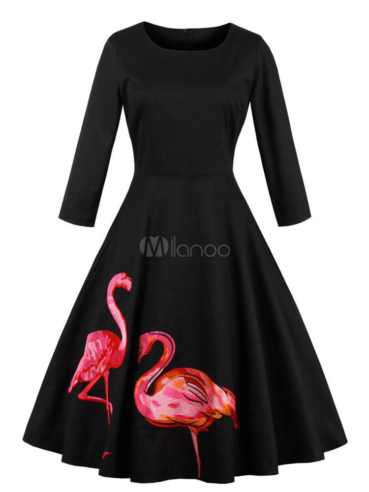 Black Vintage Dress Long Sleeve 1950s Flamingo Embroidered A Line Swing Dress For Women (Women\\'s Clothing Vintage Dresses) photo