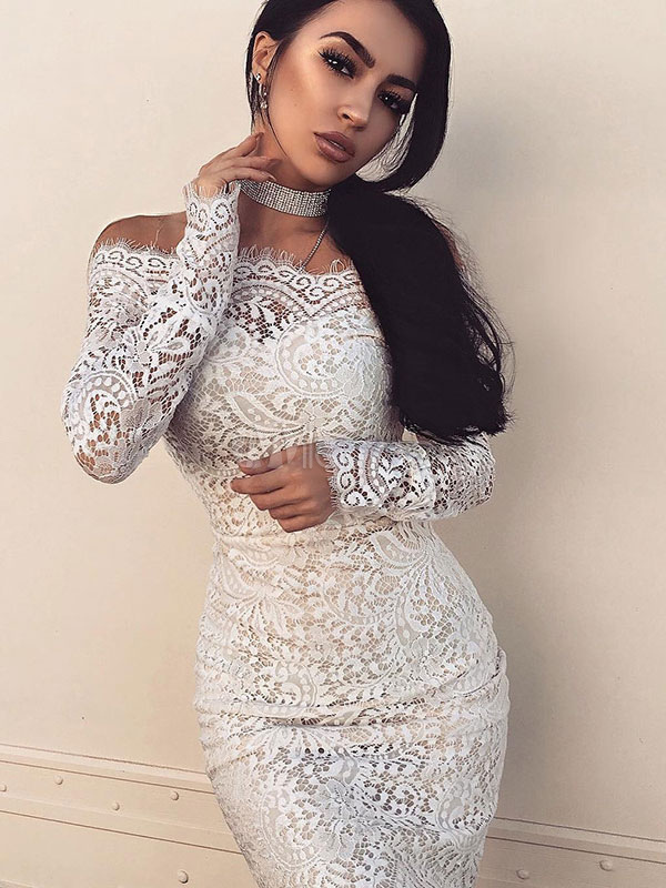 White Lace Party Dresses Off The Shoulder Long Sleeve Women Bodycon Dress (Women\\'s Clothing) photo