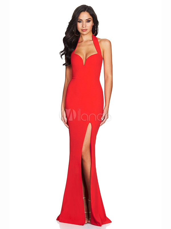 Red Party Dresses Halter Sleeveless Backless Split Mermaid Maxi Dress For Women (Women\\'s Clothing) photo