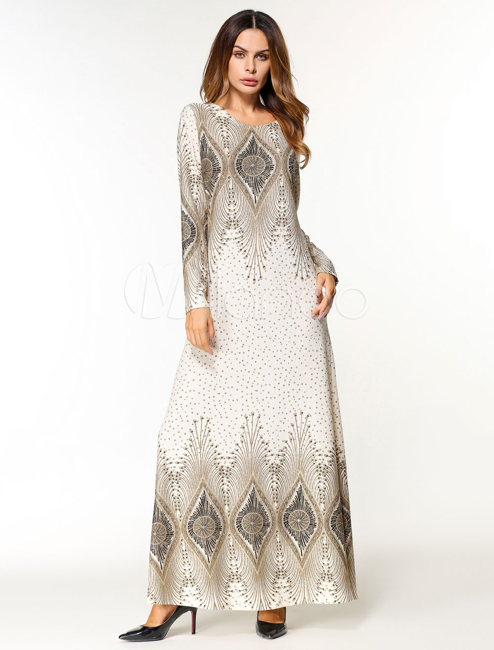 Maxi Kaftan Dress Women Tunic Dress Long Sleeve Printed Oversized Jalabiya Dress (Women\\'s Clothing Arabian Clothing) photo