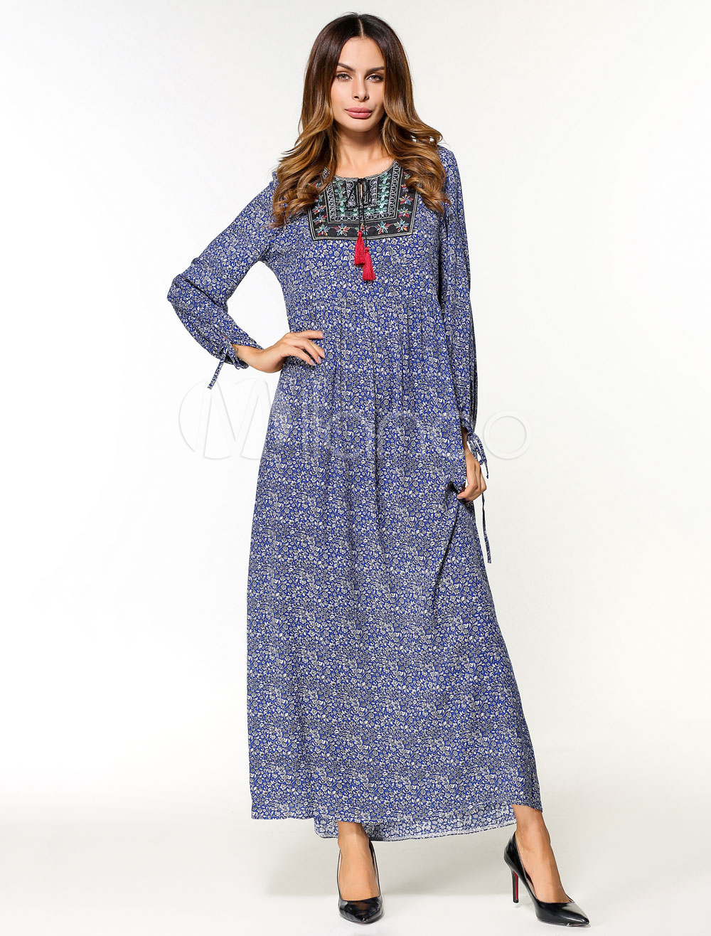 Maxi Kaftan Dress Blue Women Printed Tassel Long Sleeve Oversized Tunic Dress (Women\\'s Clothing Arabian Clothing) photo