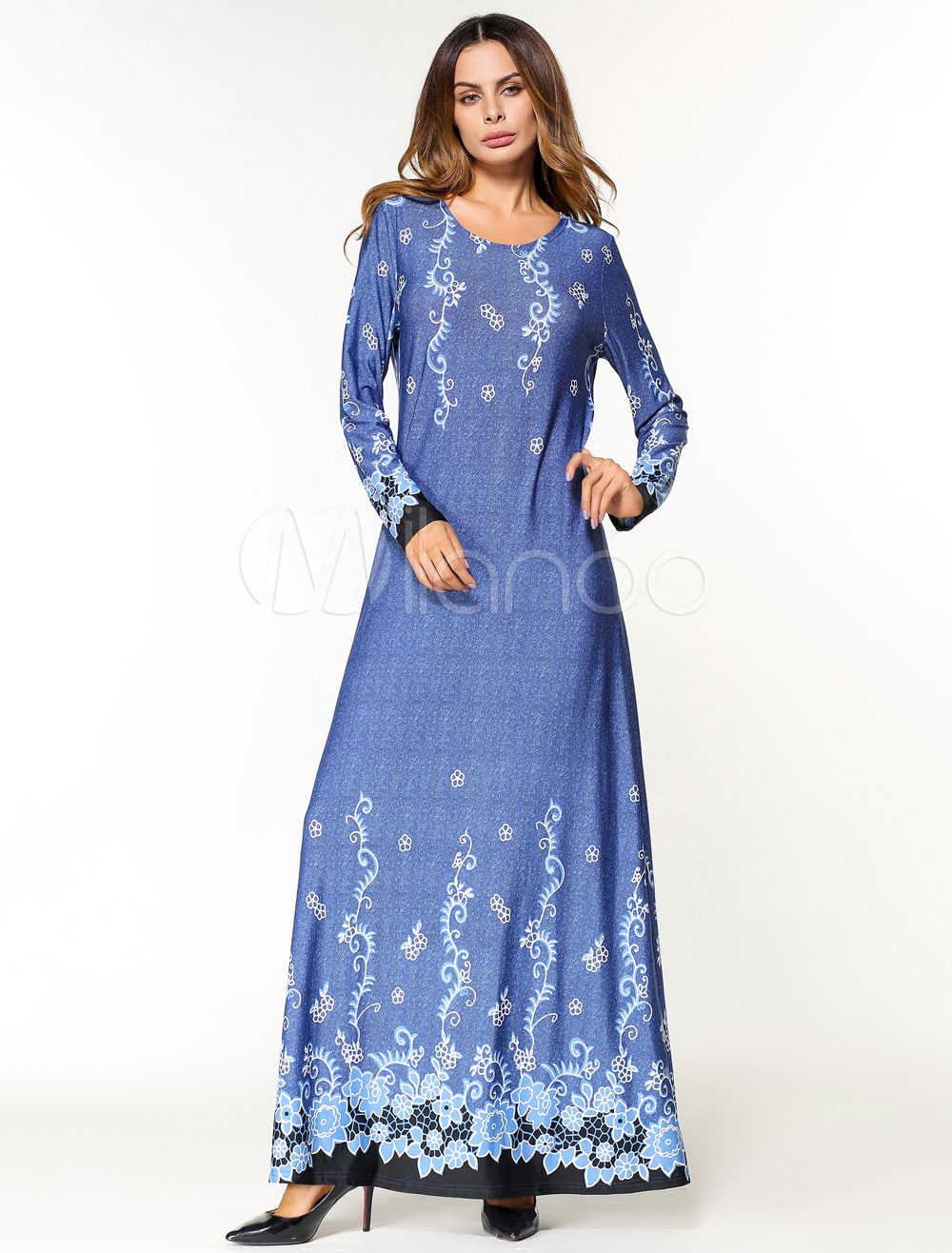 Maxi Jalabiya Dress Blue Women Kaftan Dress Printed Oversized Long Tunic Dress (Women\\'s Clothing Arabian Clothing) photo