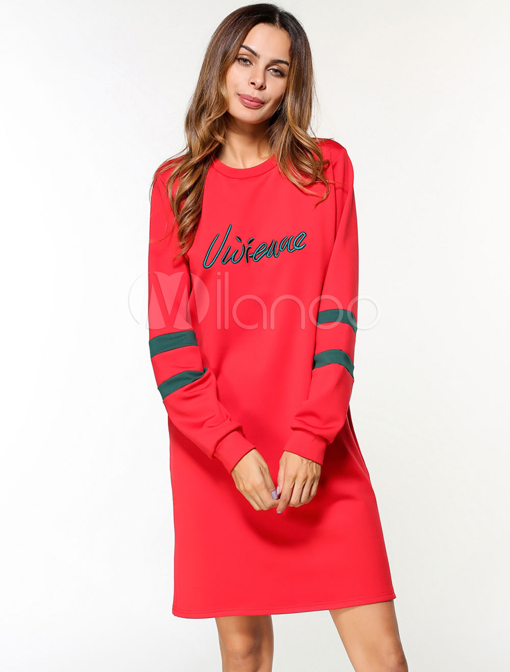 Red Shift Dress Embroidered Cotton Women Dress Long Sleeve (Women\\'s Clothing Shift Dresses) photo