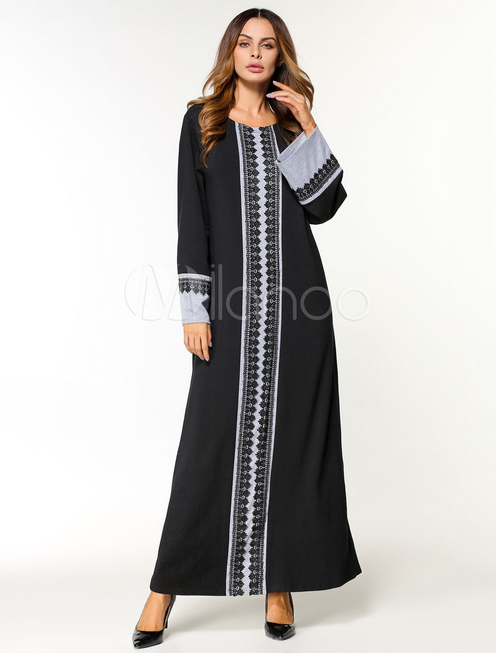 Black Abaya Dress Muslim Oversized Lace Long Sleeve Women Maxi Kaftan Dress (Women\\'s Clothing Arabian Clothing) photo