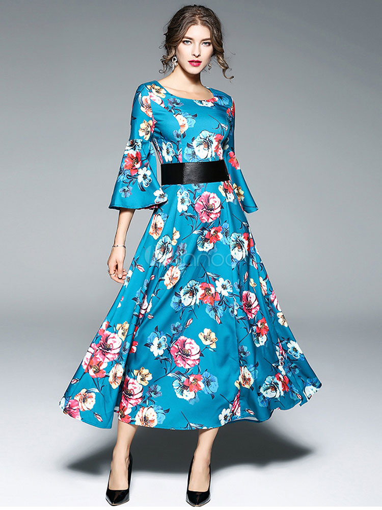 Women Maxi Dresses Bell Sleeve Round Neck Floral Print Blue Long Dress (Women\\'s Clothing) photo