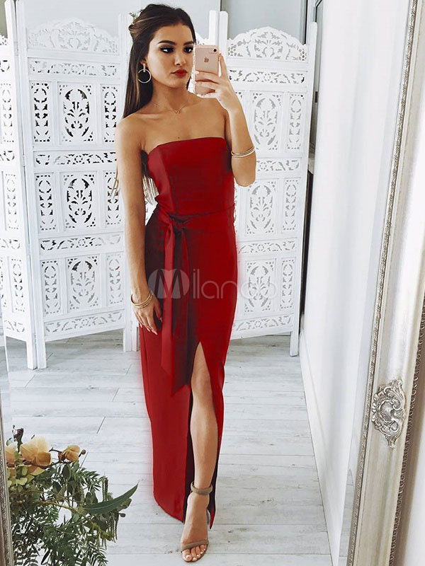 Red Evening Dress Strapless Sleeveless Slit Women Party Dress (Women\\'s Clothing Party Dresses) photo