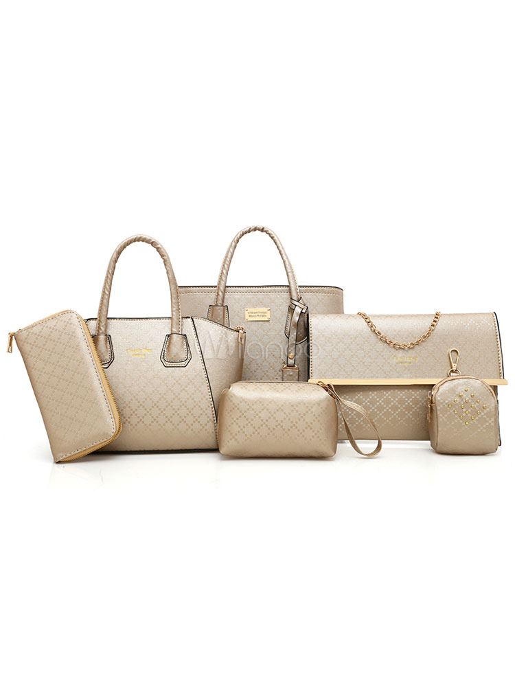 Gold Leather Purse Set Of 6 Pcs Quilted Handbags For Women (Women\\'s Clothing Women's Bags) photo