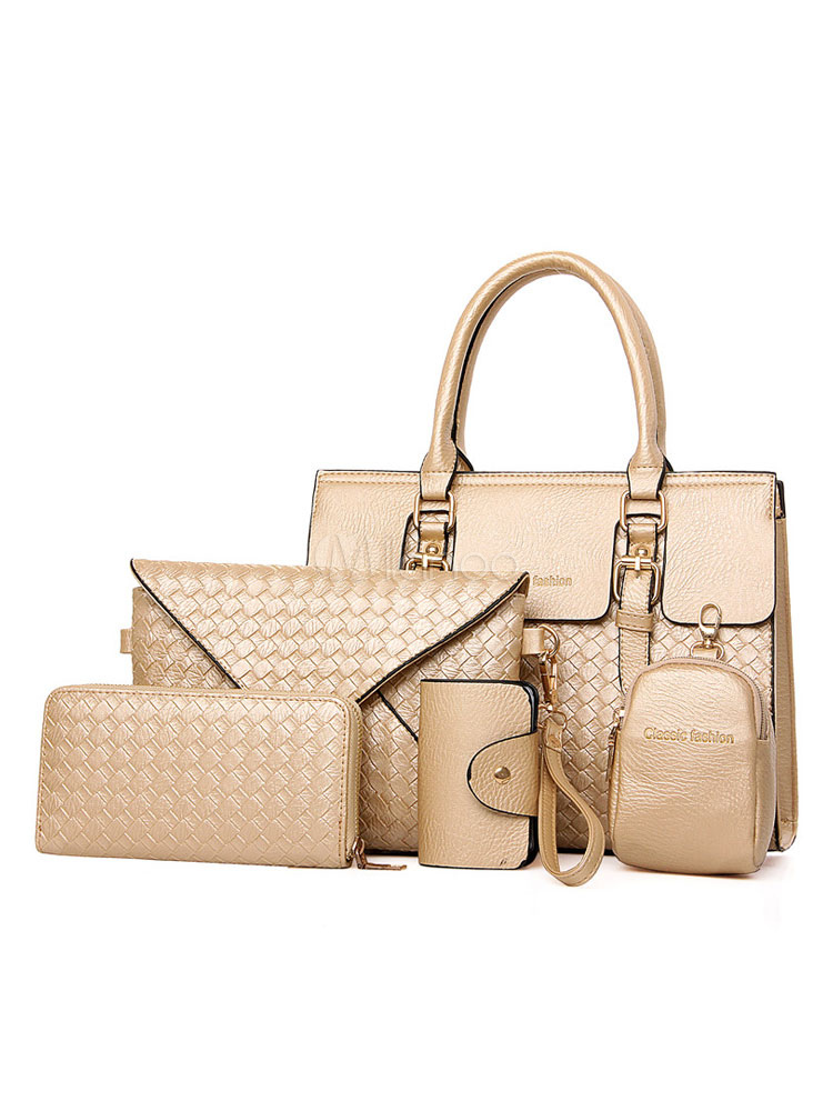 Champagne Purse Set Leather Handbag With Shoulder Bags Clutch Bag Wallet For Women 5 Pcs (Women\\'s Clothing Women's Bags) photo