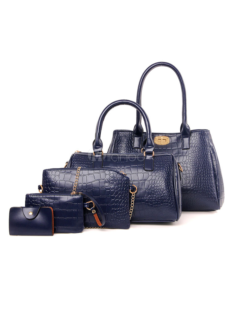 Women Leather Purse Bag Set Of 5 Pcs Blue Composite Bags (Women\\'s Clothing Women's Bags) photo