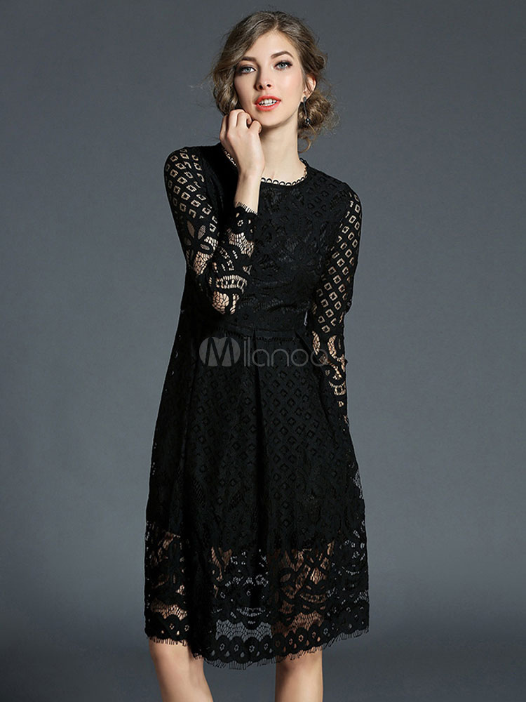 Black Lace Dress Semi Sheer Cut Out Pleated Women Spring Dress (Women\\'s Clothing Lace Dresses) photo
