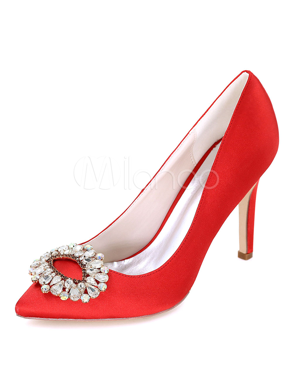 Red Wedding Shoes Women Dress Shoes Satin Pointed Toe Rhinestones Slip On High Heels (Bridal Shoes) photo
