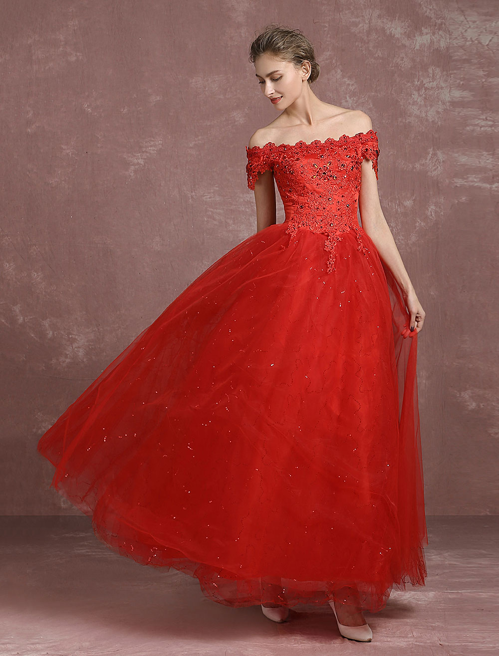 Red Wedding Dress Ball Gown Lace Beading Bridal Dress Off The Shoulder Sequins Floor Length Maxi Princess Summer Wedding Dresses 2018 photo