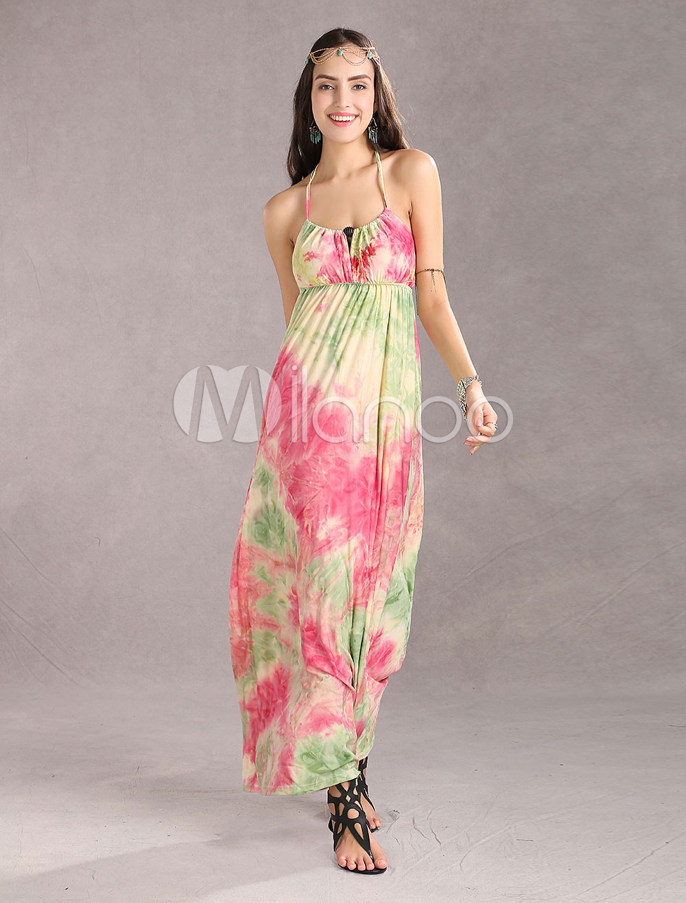Beautiful Blue Straps Neck Floral Chiffon Womens Maxi Dress (Women\\'s Clothing Maxi Dresses) photo