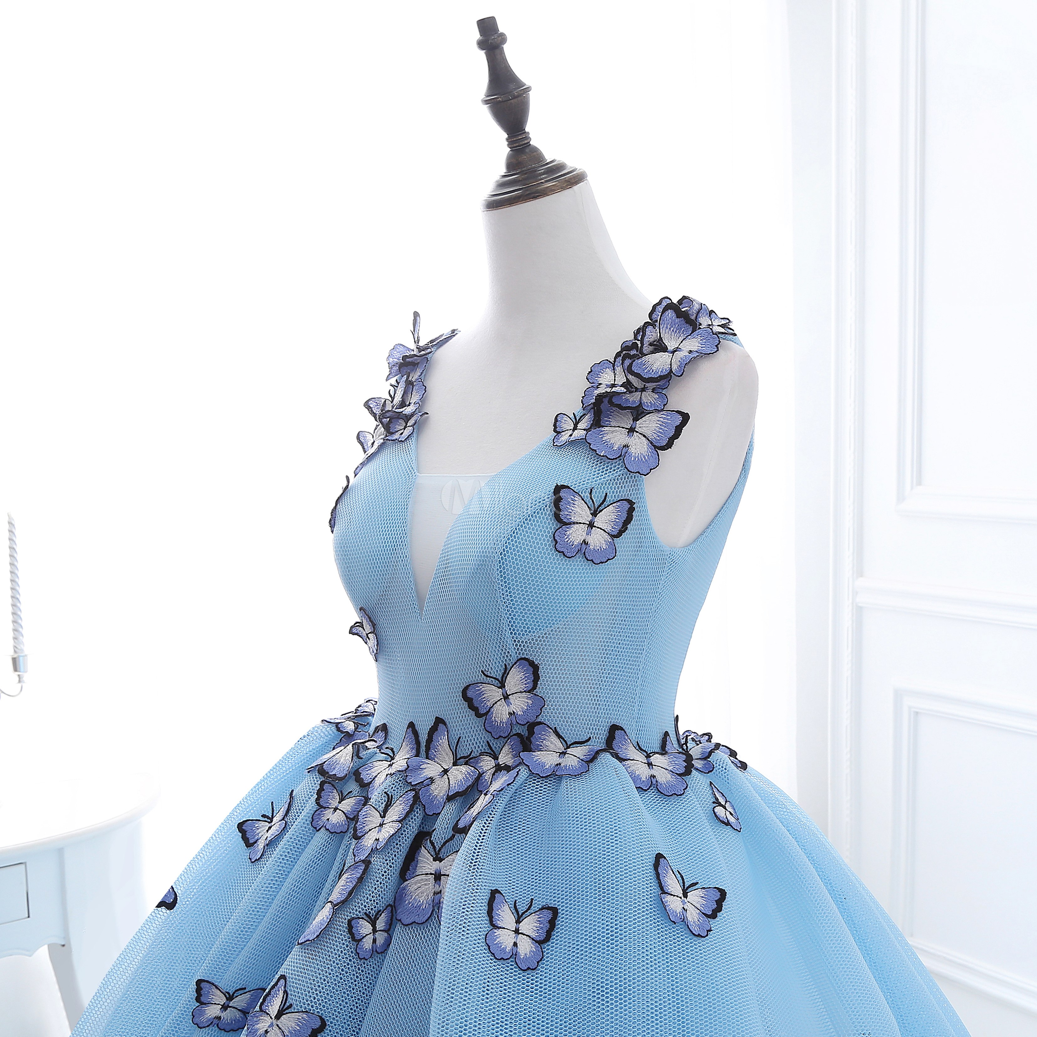 Baby Blue Quinceanera Dresses Princess Illusion Butterfly Beading