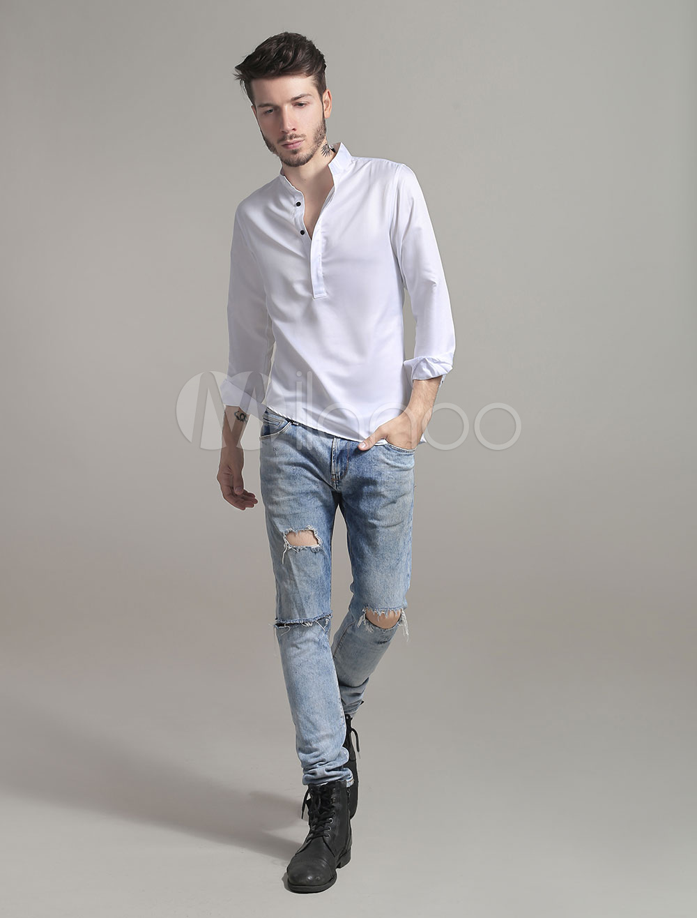 White Men T Shirt High Collar Button Irregular Cotton Top (Men\\'s Clothing Casual Shirts) photo