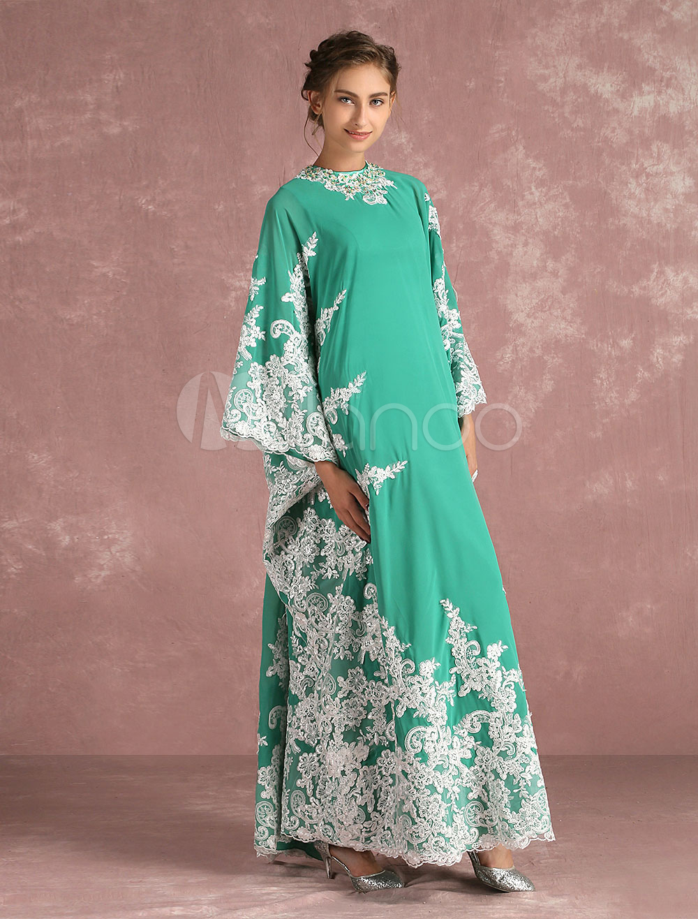 Muslim Evening Dress Lace Applique 2 Piece Mother's Dress Floor Length Occasion Dress In Blue Green (Wedding Evening Dresses) photo