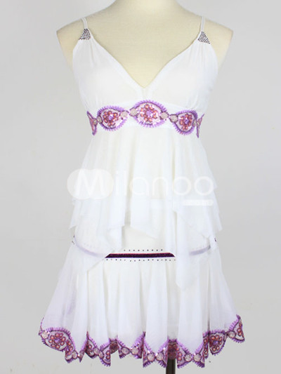 White V-Neck Spandex Purple Trim Womens Party Dress White V-Neck Spandex Purple Trim Womens Party Dress