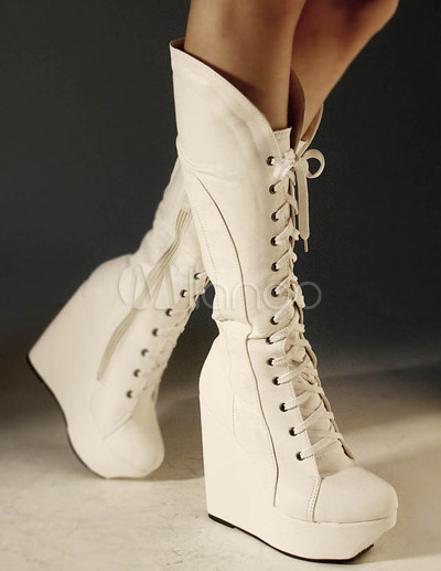 Womens Fashion Shoes Size on White Lace Up Leather Wedge Boots For Women   Milanoo Com