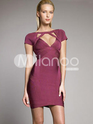 Fuchsia Short Sleeves Hollow Out Backless Womens Party Dress