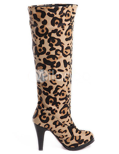 Fashion Womens High Heel Shoes on Beige Leopard Suede Round Women S Knee High Boots