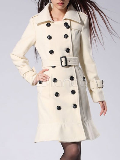 Classic White Wool Terylene Turndown Collar Double-breasted Women's Coat