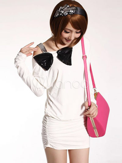 Modern White Cotton Spandex Paillette Bowknot Women's Dress