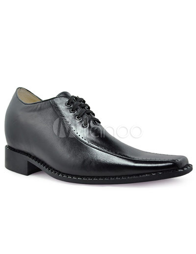 Elevator Shoes   on Black Front Tie Rubber Cowhide Men S Elevator Shoes   Milanoo Com