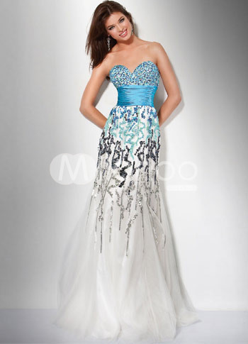A-line White Net Paillette Decoration Sweetheart Prom Dress