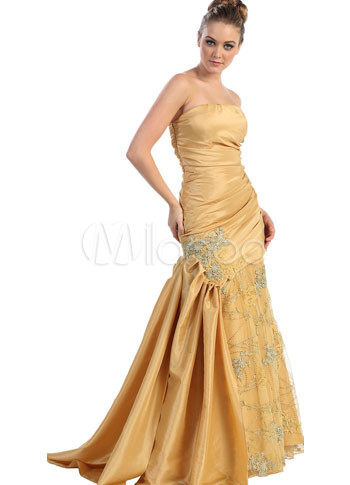 Golden Taffeta Lace Embroider Mermaid Trumpet Strapless Prom Dress
