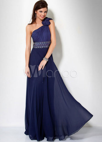 Dark Navy Blue Chiffon One Shoulder A-line Prom Dress