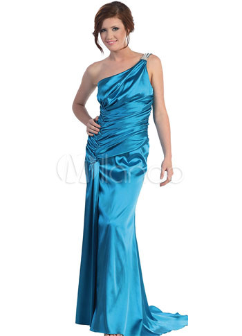 Elegant Blue Elastic Woven Satin One Shoulder Prom Dress