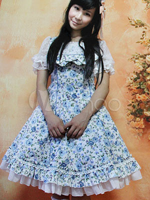 Sweet Blue Floral Short Sleeves Lace Trim Cotton Lolita Dress