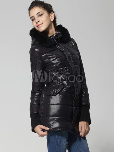 Unique Fashion Black Terylene Women Coat on Black Fur Collar Hoodied Polyamide Terylene Womens Trench Coat