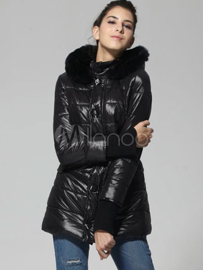 Unique Fashion Black Terylene Women Coat on Black Fur Collar Hoodied Polyamide Terylene Womens Trench Coat