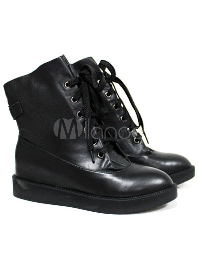 Flat Black Leather Shoes on Black Lace Up Flat Leather Womens Sponge Ankle Boots   Milanoo Com