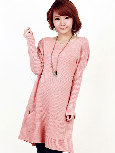 Pink Loose Pattern Long Sleeves Blending Wool Knitting Dress