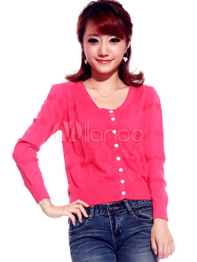 Pink Hollow Out Heart Blending Wool Womens Cardigan