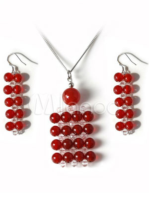 Gorgeous Red Agate Necklace Earrings Gemstone Jewelry Set
