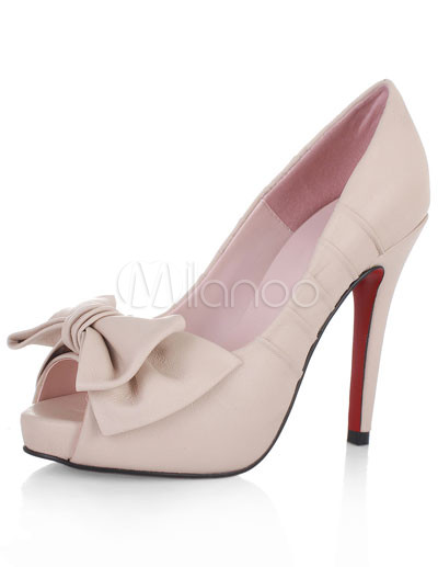   Prom Shoes on Sheepskin Peep Toe Bow Decoration High Heel Prom Shoes   Milanoo Com