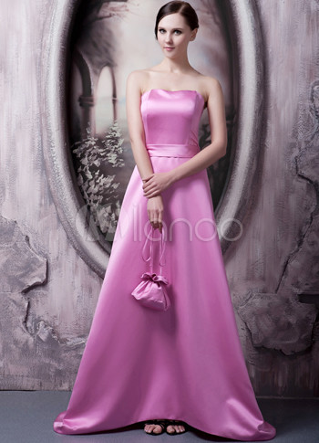 A-line Pink Satin Strapless Prom Dress
