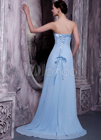 Light Sky Blue Satin Chiffon Strapless Bridesmaid Dress