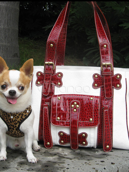 White And Burgundy PU Leather Dog Carrier Bag