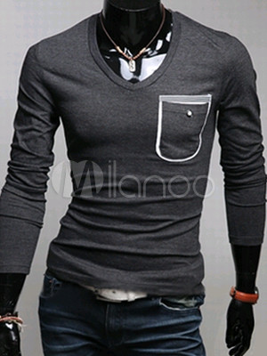 Gray Long Sleeves V-Neck Men's T-Shirt