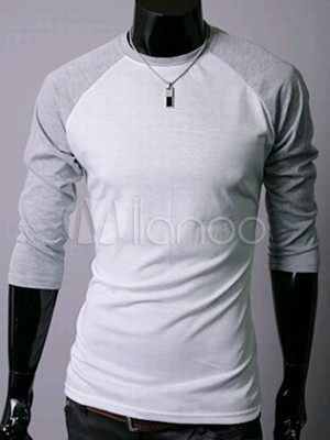 Round Neck Light Gray Long Sleeves Men's T-Shirt