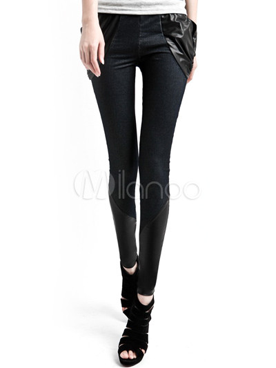 Fashion Blue Jean Leather Side Pockets Women's Skinny Pants